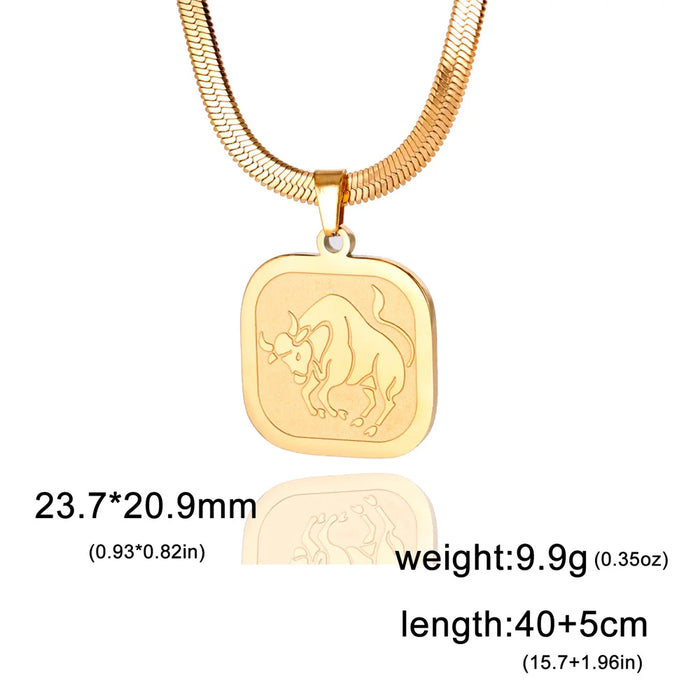 12 Constellation Taurus Zodiac Square Medallion Pendant Snake Chain Necklaces On Sale