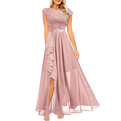 Pink Floral Lace Classic Maxi Ruffle Long Cocktail Dress On Sale