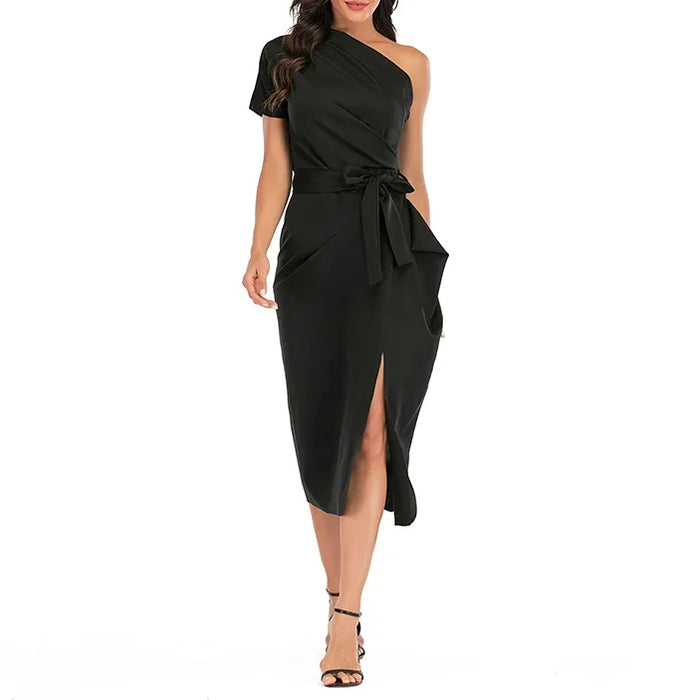 Sexy Black Asymmetric One Shoulder Cocktail Party Ruched Dress On Sale