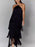 Metallic Black Halter Neckline Sequin Tassel Fringe Layered Long Dresses On Sale