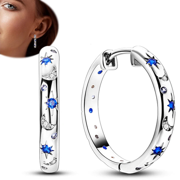 925 Sterling Silver Star Moon Round Huggie Hoop Earrings With Zircon Accents On Sale