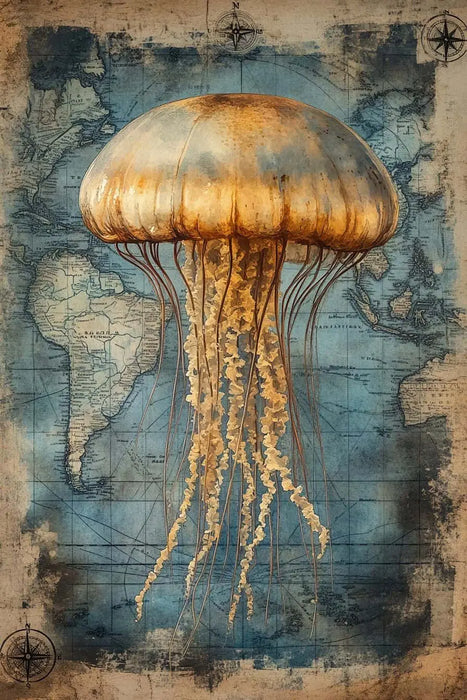 Jellyfish Illustration Artwork - Vintage Marine Life Canvas Print Nautical Treasure Map Wall Decor Ocean Theme Poster On Sale