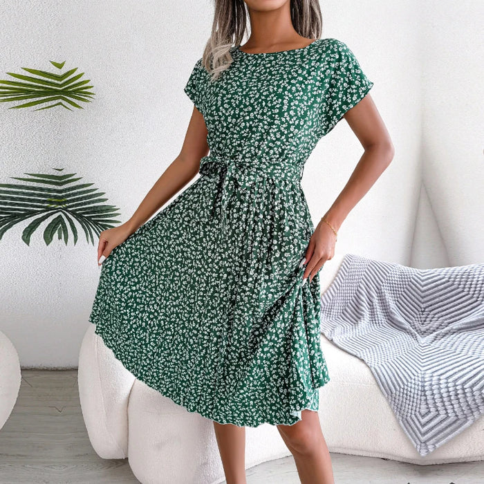 Green Floral Printed A-Line Vintage Style Chiffon Temperament Dress On Sale