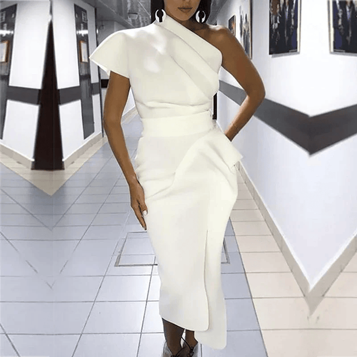Sexy White Asymmetric One Shoulder Cocktail Party Ruched Dress On Sale