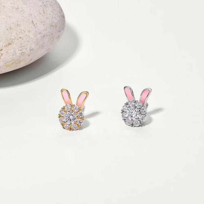 925 Sterling Silver White Gold Plated Moissanite Diamond Bunny Ears Enamel Design Stud Earrings On Sale