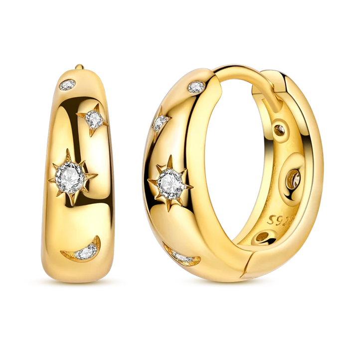 925 Sterling Silver Star Moon Round Huggie Hoop Earrings With Zircon Accents On Sale