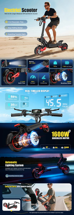 J15 MAX Off-Road 1600W Motor 50KM/H 48v 18Ah Battery 30 Miles Range LED Display 11" Foldable Commuter Electric Scooter For Adults On Sale