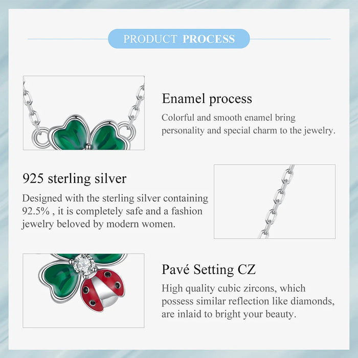 925 Sterling Silver Green Lucky Cloverleaf And Ladybug Necklace Jewelry On Sale