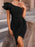 Elegant Black Asymmetric One Shoulder Cocktail Party Ruched Cinch Waist Dress On Sale