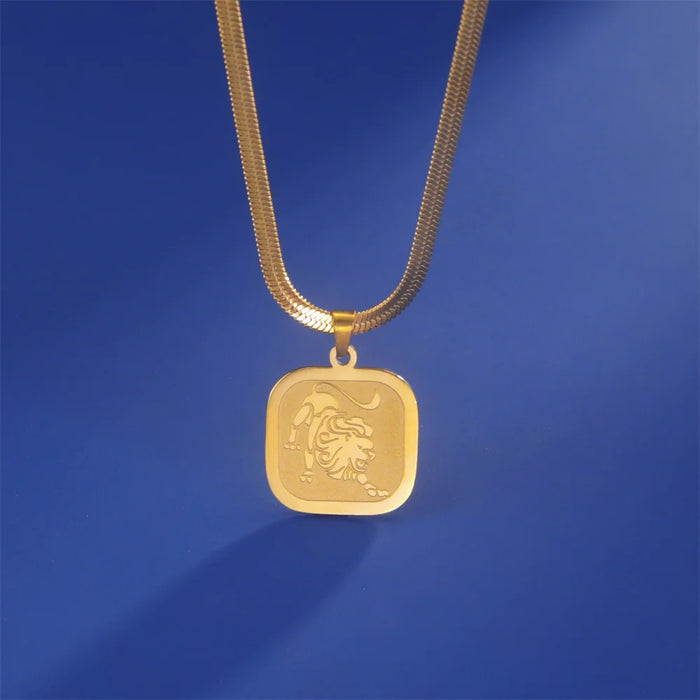 12 Constellation Zodiac Square Medallion Pendant Snake Chain Necklaces On Sale