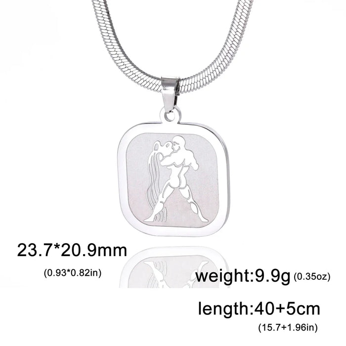 12 Constellation Aquarius Zodiac Square Medallion Pendant Snake Chain Necklaces On Sale
