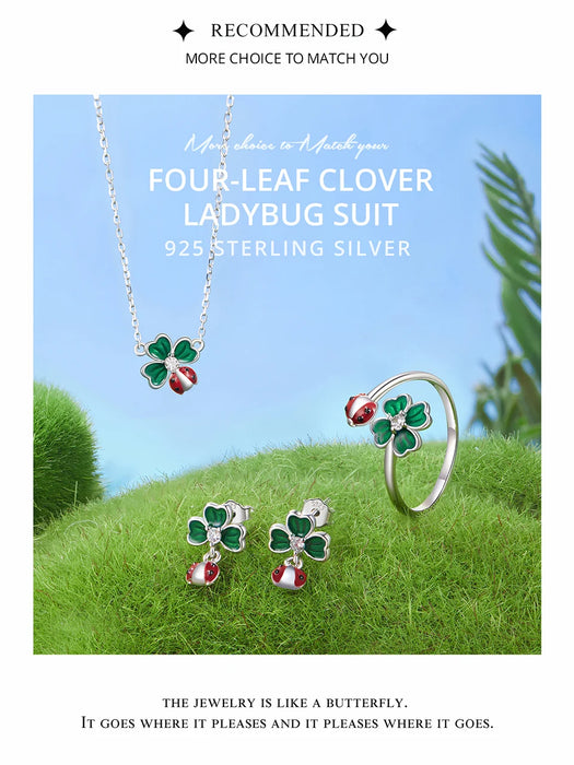 925 Sterling Silver Green Lucky Cloverleaf And Ladybug Earrings Jewelry Set On Sale
