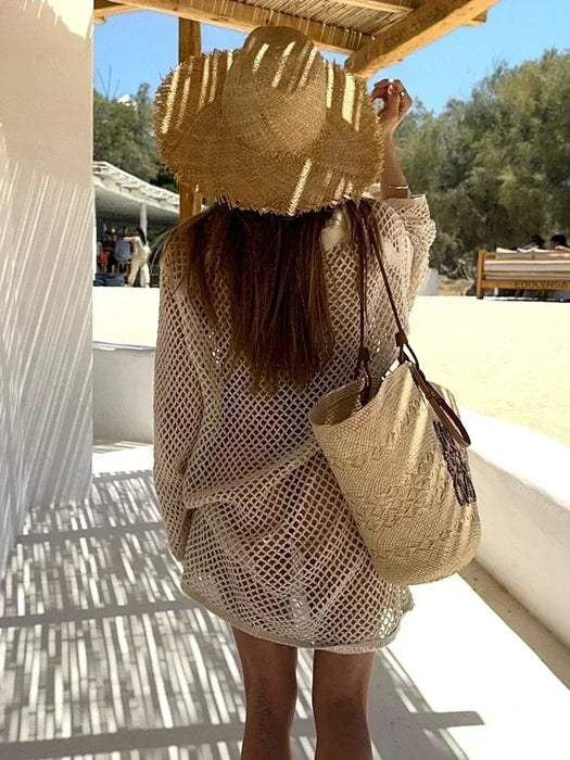 Khaki Crochet Knitted Tunic Cover Up Bikini Beach Dress On Sale