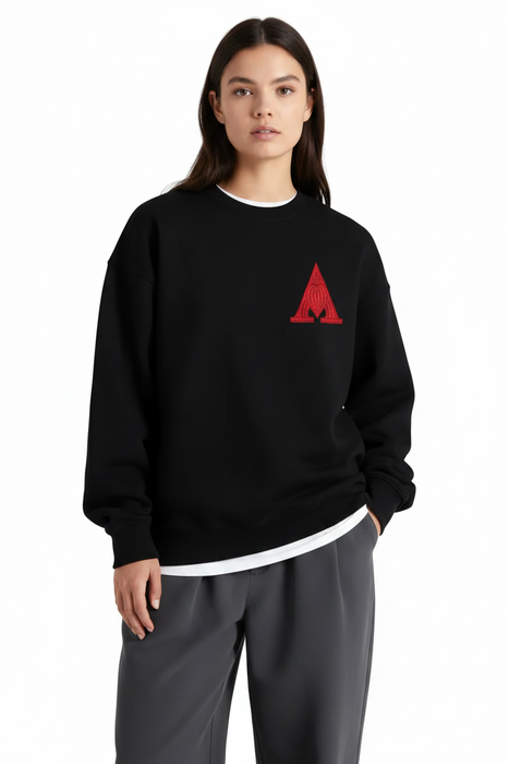 Black Unisex Embroidered Letter A Sweatshirt Casual Round Neck Cotton Blend Pullover Top On Sale
