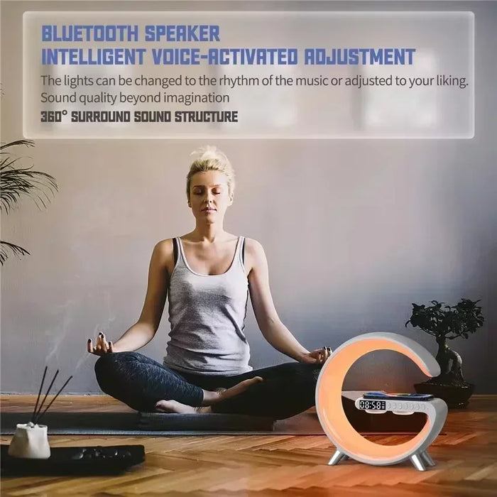 Smart Wireless Phone Charger with Bluetooth 5.0 Dual Speakers LED Alarm Clock and Atmosphere Night Light Lamp On Sale