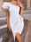 Elegant White Asymmetric One Shoulder Cocktail Party Ruched Cinch Waist Dress On Sale