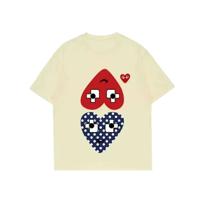 Beige Unisex Heart Graphic 100% Cotton T-Shirt Casual Short Sleeve Crew Neck Tee For Everyday Wear On Sale