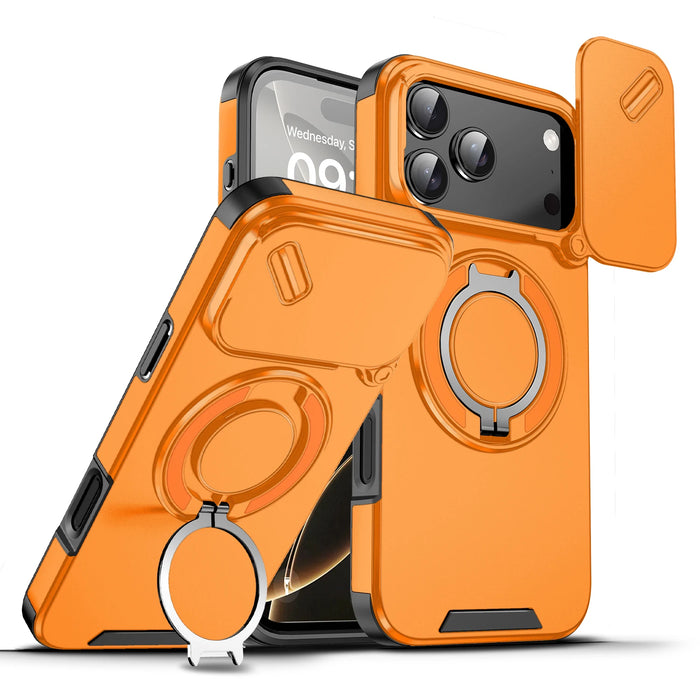 iPhone Magnetic Ring Stand Orange Armor Case With Camera Protection Slide Cover For iPhone 17, 16, 15, 14, 13 Series On Sale