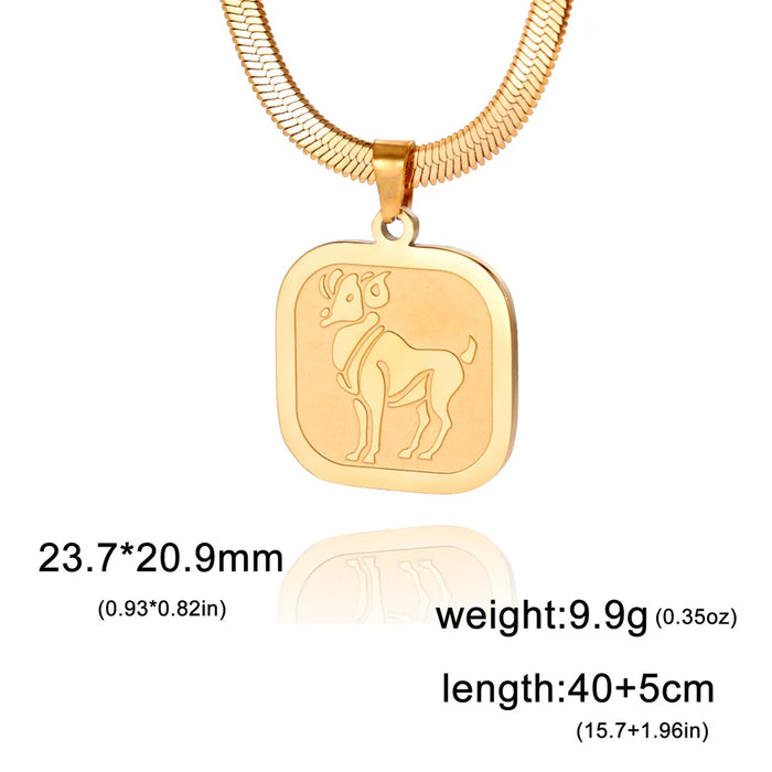 12 Constellation Taurus Zodiac Square Medallion Pendant Snake Chain Necklaces On Sale