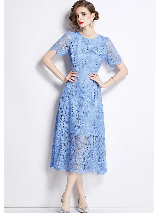 Elegant Vintage Style Blue Lace Hollow Out Short Sleeve Long Dress On Sale