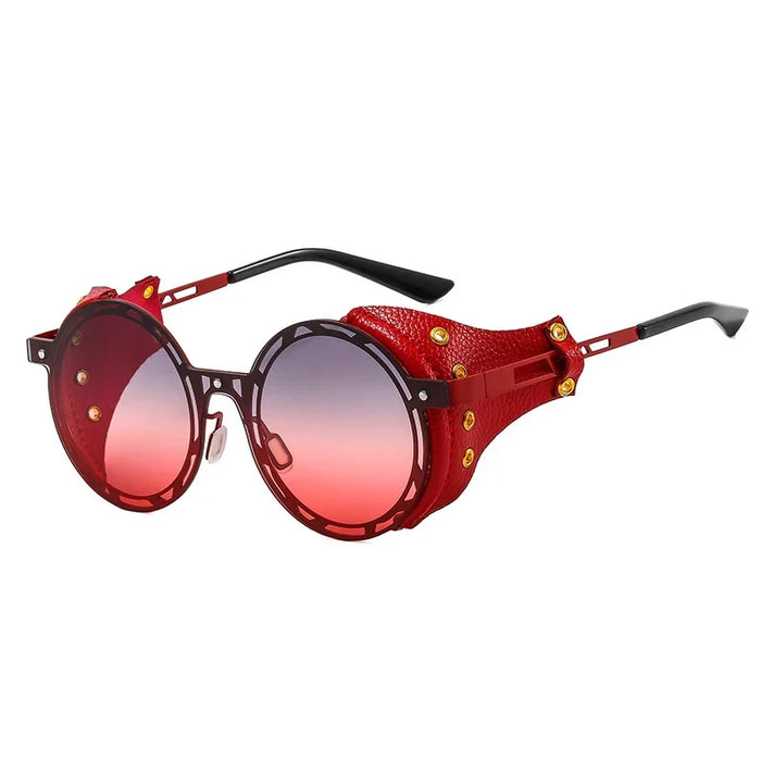 Chic Red Vintage Leather Steampunk Goggle Style Round Sunglasses On Sale