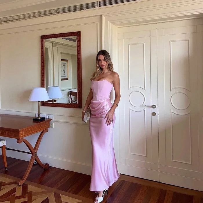 Elegant Strapless Corset Satin Maxi Pink Dress On Sale