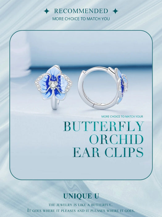 925 Sterling Silver Blue Enamel Butterfly Orchid Hoop Earrings On Sale