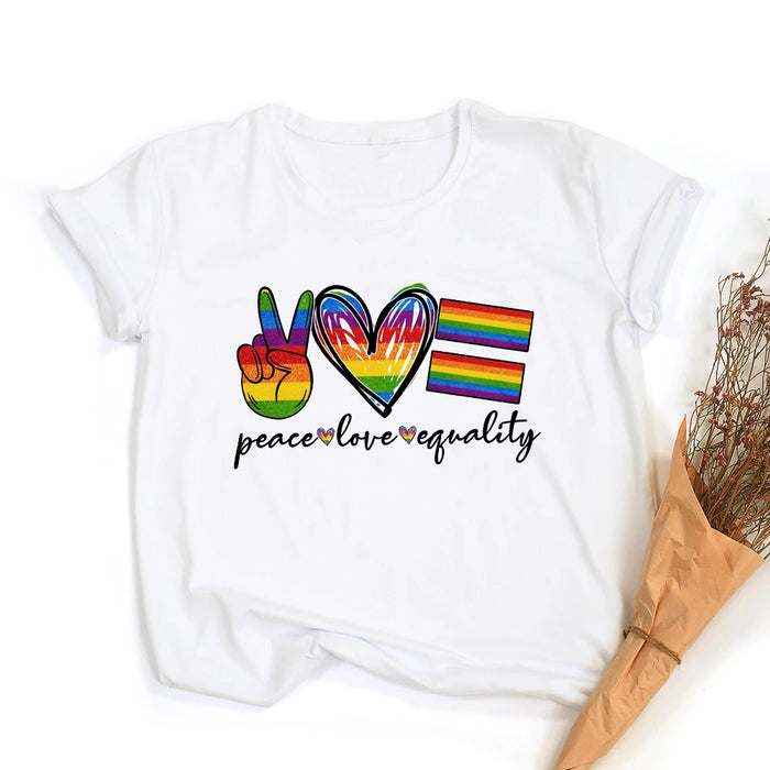 Rainbow Heart Peace Love Equality Print Retro Graphic T-shirt On Sale