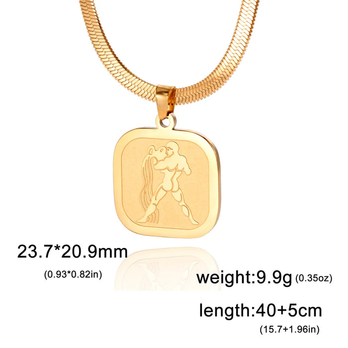 12 Constellation Aquarius Zodiac Square Medallion Pendant Snake Chain Necklaces On Sale