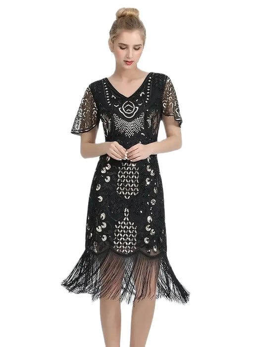 1920s Gatsby Style V-Neck Petal Sleeves Black With Gold Embroidery Sequin Fringe Flapper Midi Dress On Sale