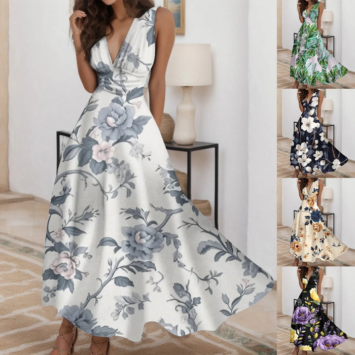 Gray Classy V-Neck Bohemia Style Floral Maxi Beach Long Dress On Sale