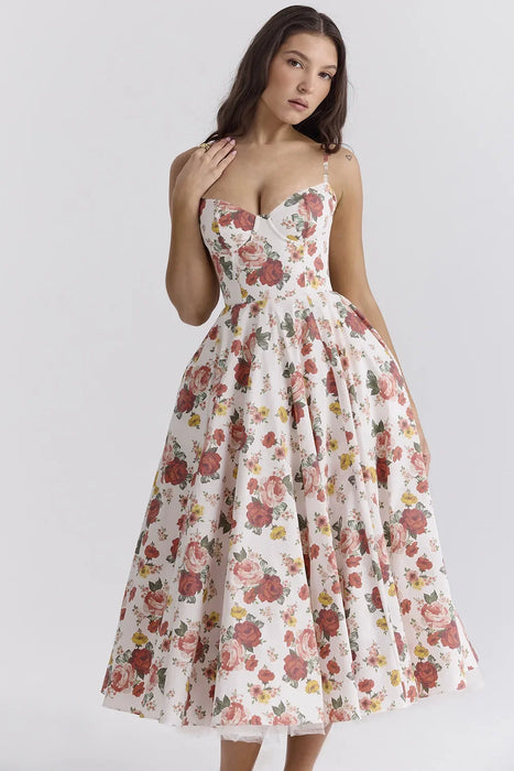 Red Rose Floral Printed A-Line Vintage Style Temperament Dress On Sale