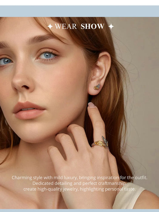 925 Sterling Silver 14K Gold Plated Two-tone Angel Wings Ring And Stud Earrings Jewelry Set Collection On Sale