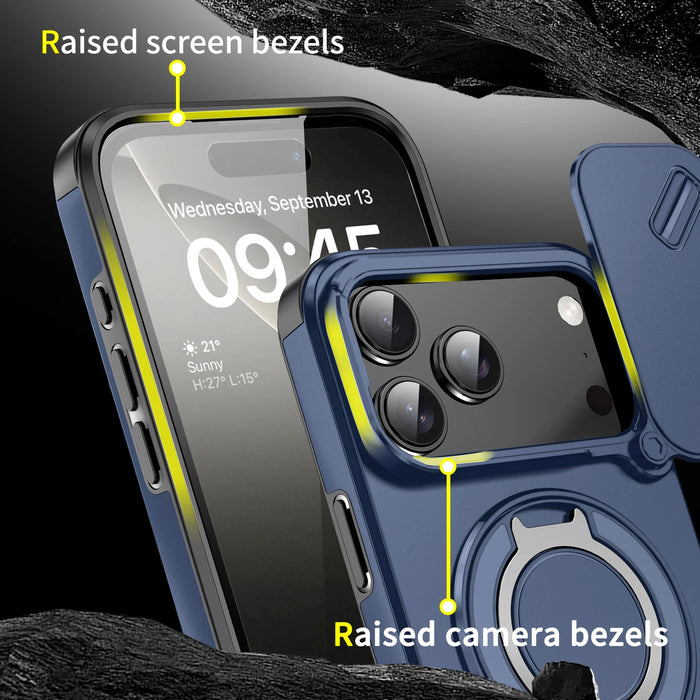 iPhone Magnetic Ring Stand Armor Case With Camera Protection Slide Cover For iPhone 17, 16, 15, 14, 13 Series On Sale