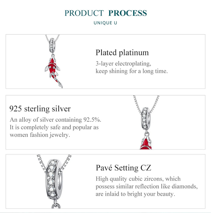 925 Sterling Silver Plated White Gold Lucky Red Koi Fish Charm Necklace On Sale