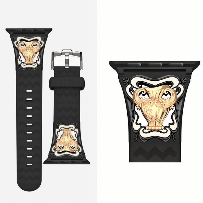 Aquarius Black - 12 Constellations Silicone Sport Watch Band With Stainless Steel Zodiac Symbol Detail Compatible with Apple Watch Series 1–11, SE, Ultra, and Ultra 2 On Sale