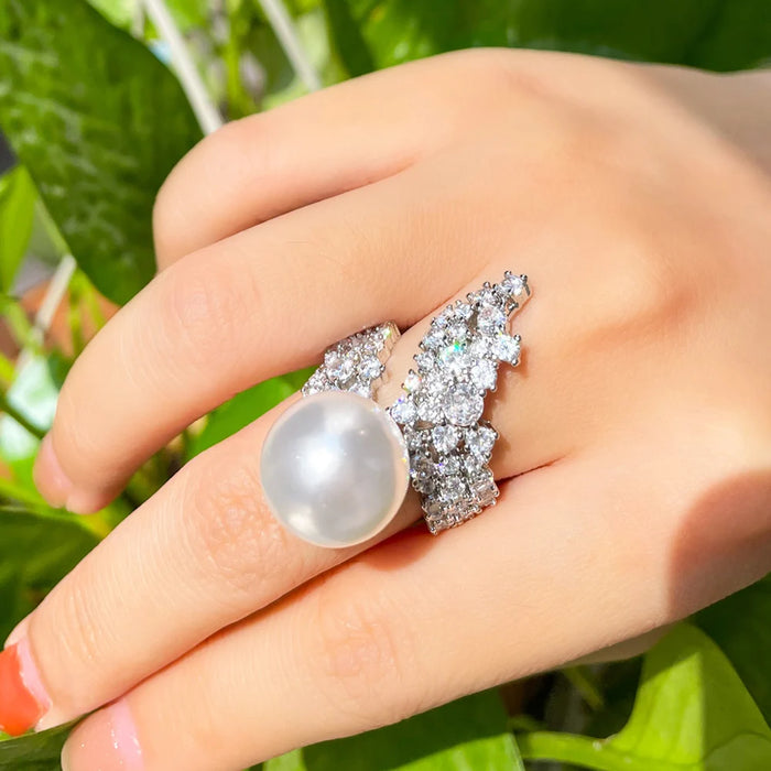 Exquisite Pearl Cubic Zircon White Gold Plated Adjustable Ring on Sale