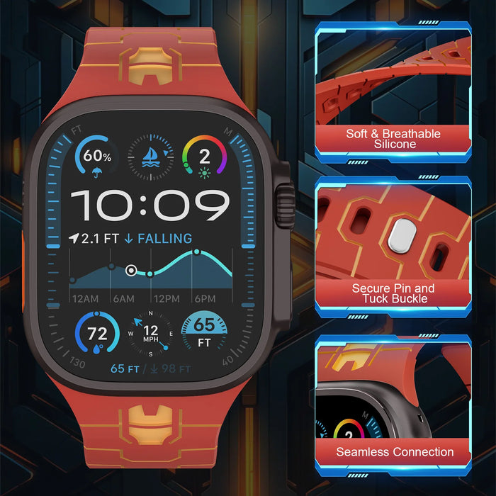 Iron Man Inspired Silicone Sport Straps For Apple Watch Series 49mm, 46mm, 45mm, 44mm, 42mm, 41mm, 40mm, 38mm On Sale