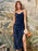 Navy Blue Satin Draped Neckline Tie Shoulder Straps High Slit Figure-skimming Evening Midi Dresses On Sale