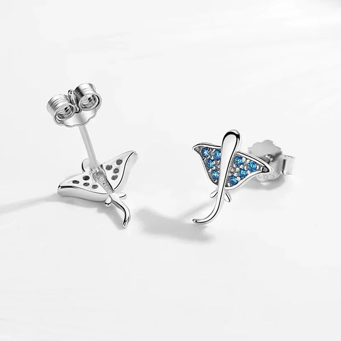 925 Sterling Silver Ocean Blue Devil Ray Stud Earrings On Sale