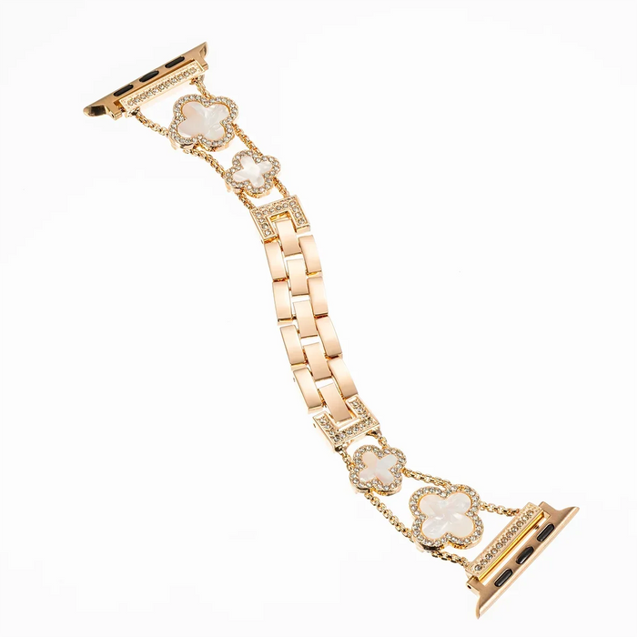 Rose Gold White Cloverleaf Diamond Women Stainless Steel Apple Watch Bracelet For Ultra, 49mm, 46mm, 45mm, 44mm, 42mm, 41mm, 40mm, 38mm On Sale