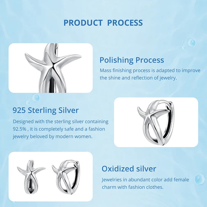 925 Sterling Silver Ocean Marine Life Theme Starfish Hoop Earrings Collection On Sale