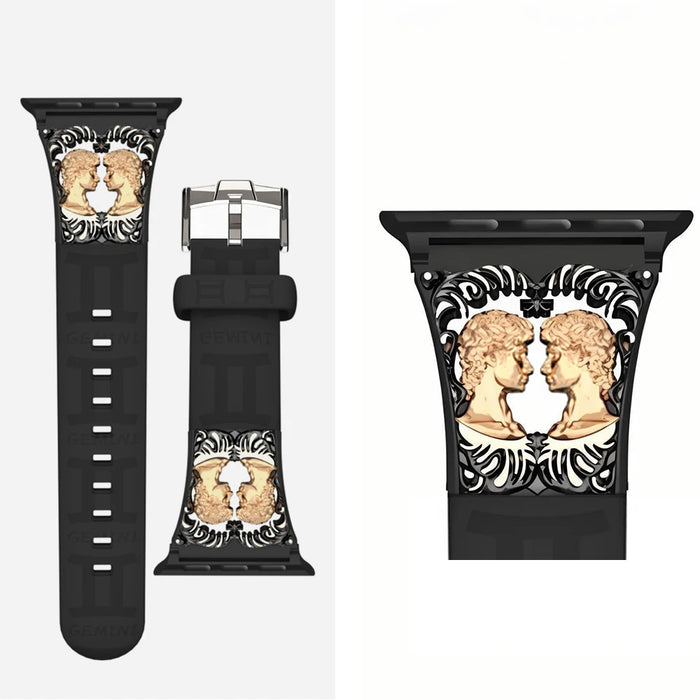 Gemini Black - 12 Constellations Silicone Sport Watch Band With Stainless Steel Zodiac Symbol Detail Compatible with Apple Watch Series 1–11, SE, Ultra, and Ultra 2 On Sale