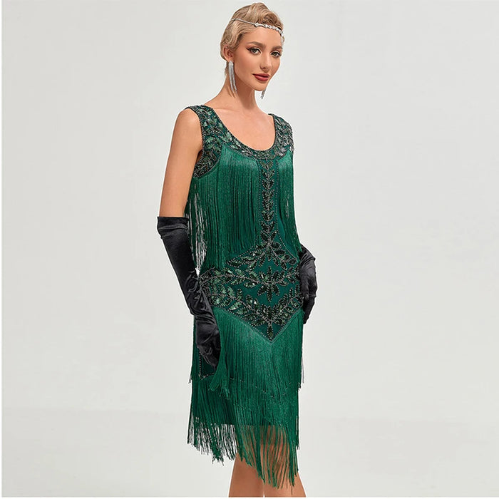 1920s Vintage Gatsby Style Green Sequin Fringed Flapper Cocktail Party Dress on Sale