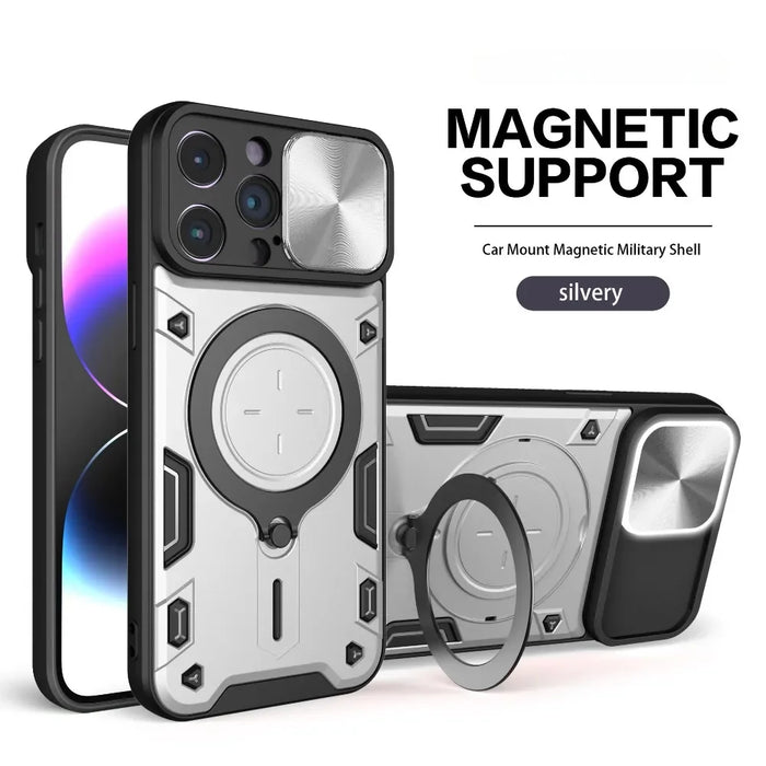 Silver iPhone Ring Stand Armor Case With Camera Protection Slide Cover On Sale