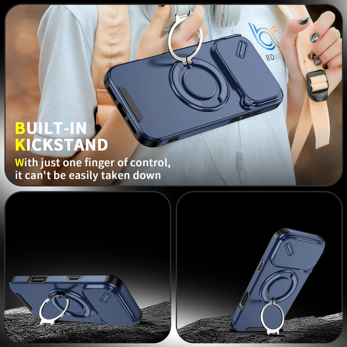 iPhone Magnetic Ring Stand Armor Case With Camera Protection Slide Cover For iPhone 17, 16, 15, 14, 13 Series On Sale