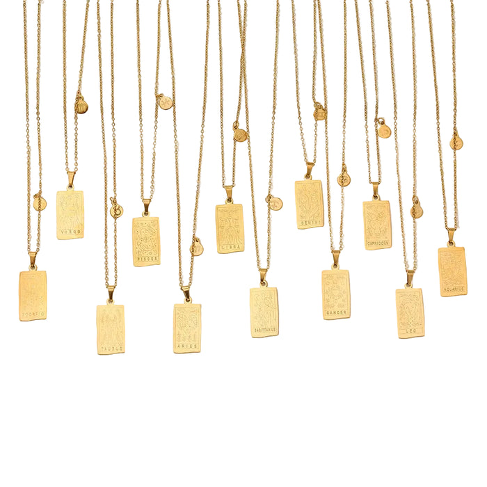 Zodiac Sign Stainless Steel Pendant Necklace – Tarot Card Style Constellation Necklace for Women On Sale