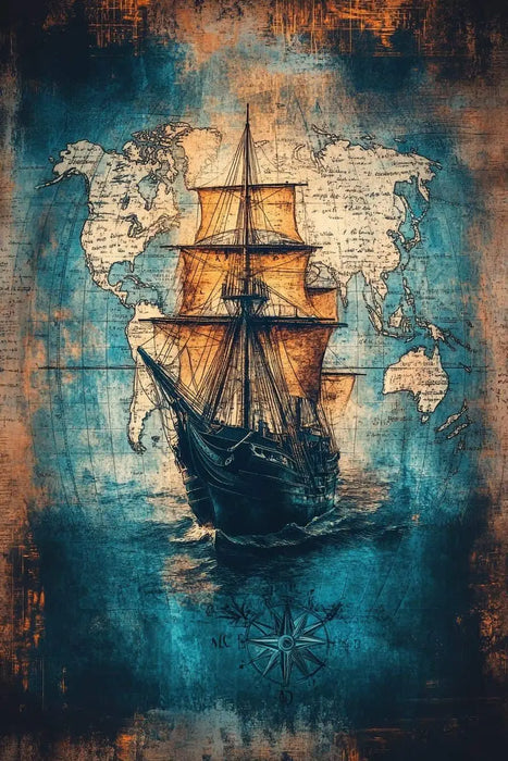 Pirate Ship Artwork - Vintage Marine Life Canvas Print Nautical Treasure Map Wall Decor Ocean Theme Poster On Sale
