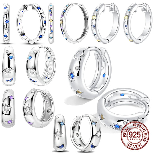 925 Sterling Silver Star Moon Round Huggie Hoop Earrings With Zircon Accents On Sale
