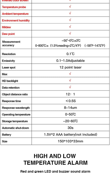Handheld Non Contact Digital Infrared Thermometer Laser Point Temperature Reader With Humidity and Dew Point Display On Sale